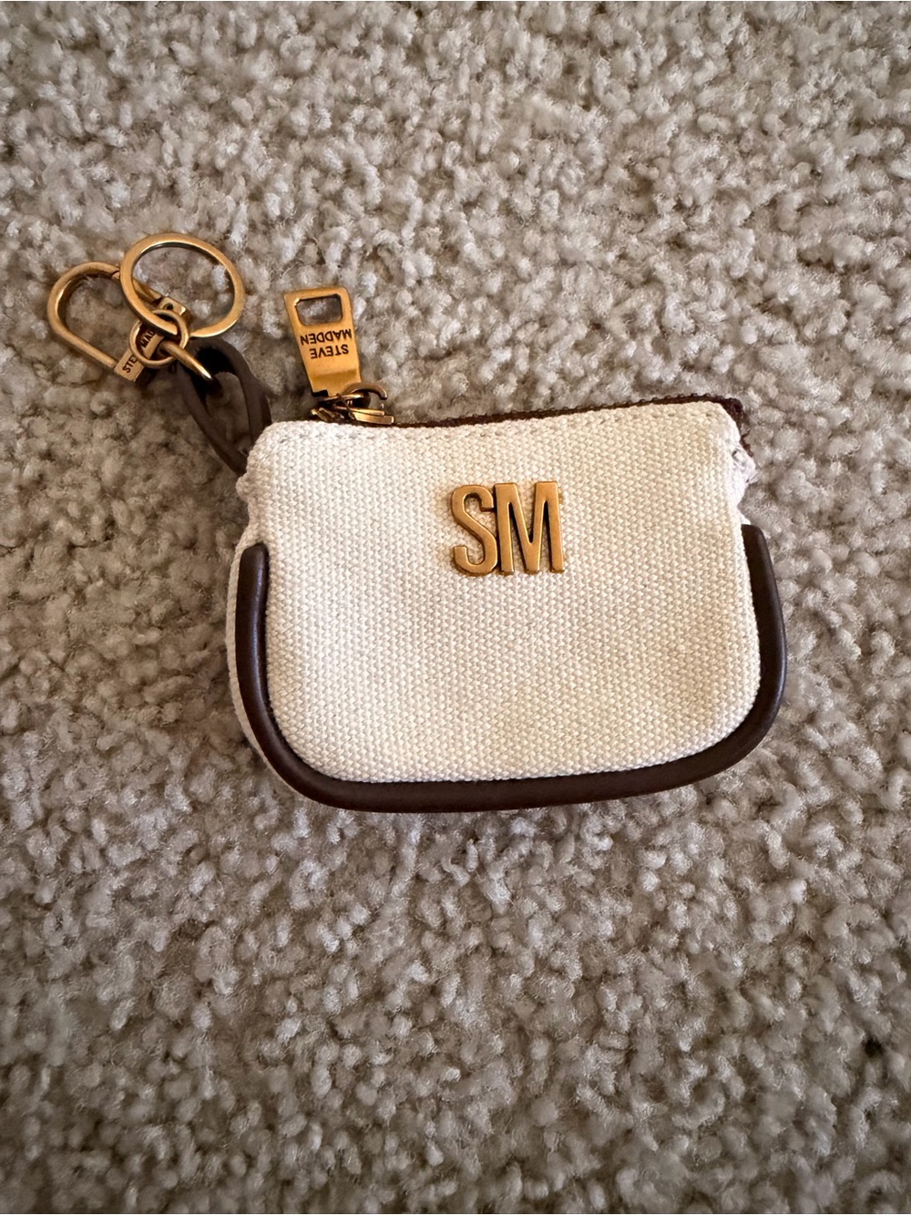 Steve Madden Cream Canvas Key Pouch with Brown Trim